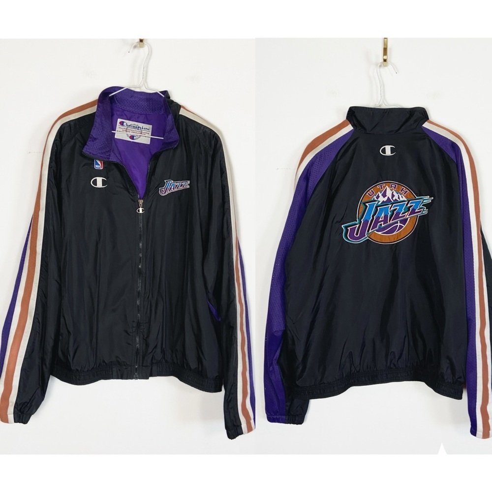 Vtg 90s Champion NBA Utah Jazz Black Zipup Warm up Jacket Embroidered size M